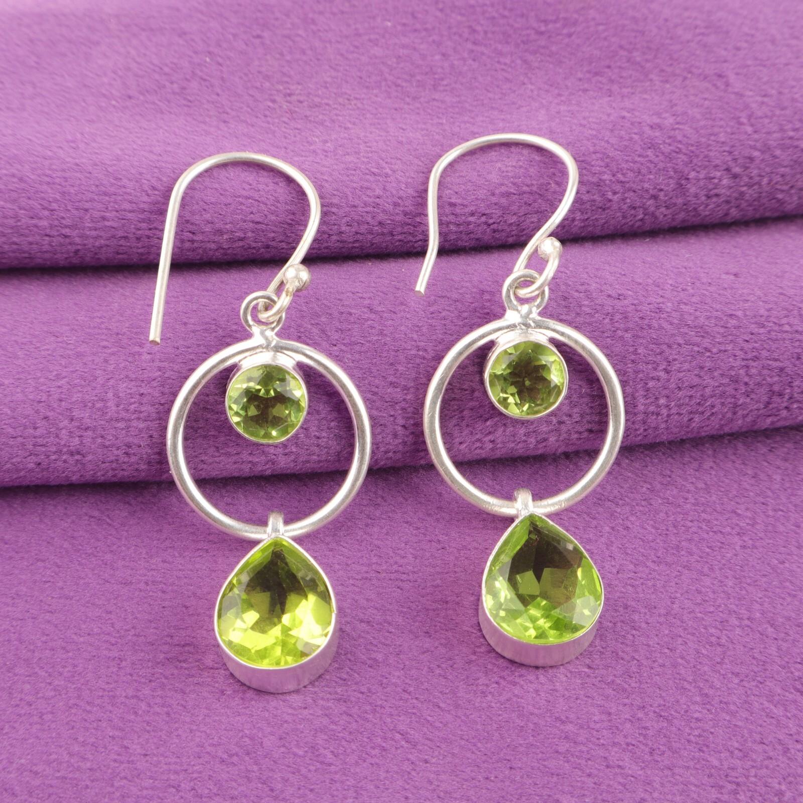 

August Peridot Gemstone 925 Sterling Silver Sisters Day Dangling Hook Earrings EE-140-17