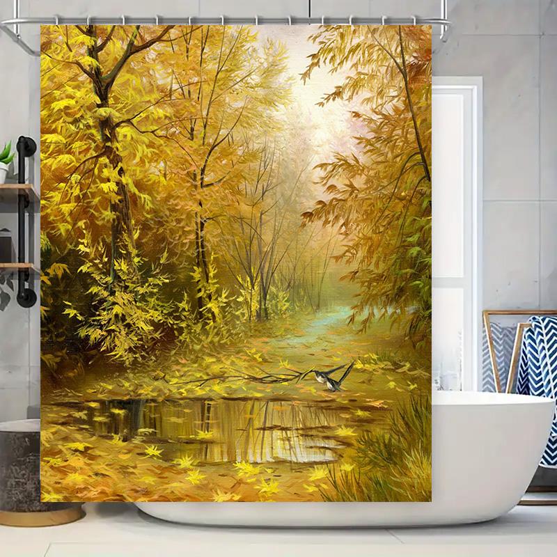 

Autumn Gold Leaf Forest Bathing Curtain For Bathroom Decor High Quality Printed Shower Curtain With Wildlife Illustration W60H190(CM)-1 Pcs