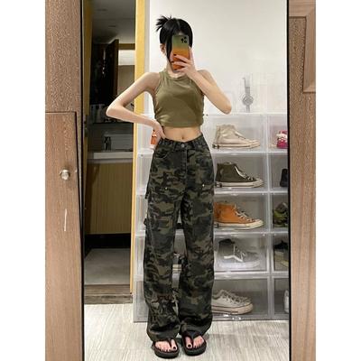 Calças Cargo Camufladas Verde Exército Femininas Outono Street Retrô Cintura Alta Emagrecedoras Soltas Perna Reta Larga Calças Mop