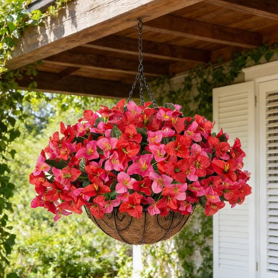 1/2Pcs Hanging Artificial Bougainvillea Speetabilis with Coconut Palm Flower Basket UV Resistant Fake Flower Indoor Outdoor Faux Bloom Decoration