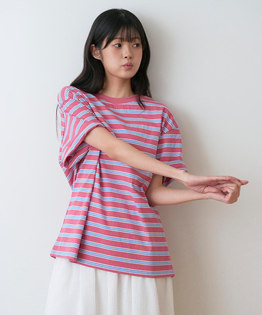 Sayu Striped Biscuit Short Sleeve T-Shirt Pink