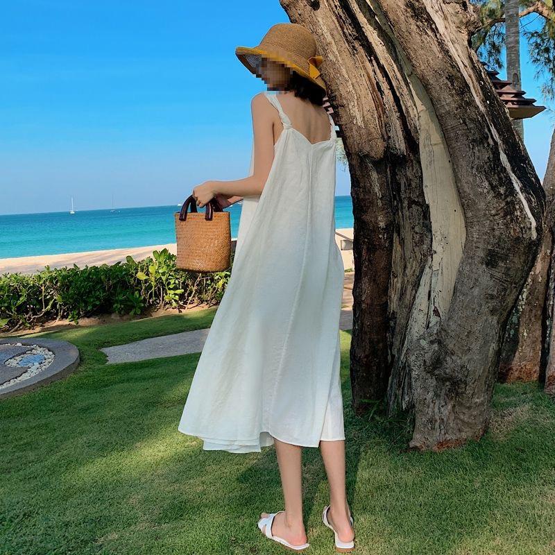 Women's 2026 Summer White Spaghetti Strap Beach Dress - Loose Fit, Slimming, Seaside Vacation Style Long Dress