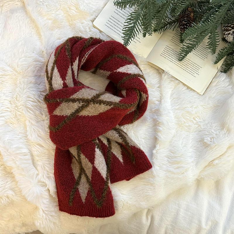 Christmas scarf autumn and winter versatile thickened warm retro rhombus plaid scarf scarf
