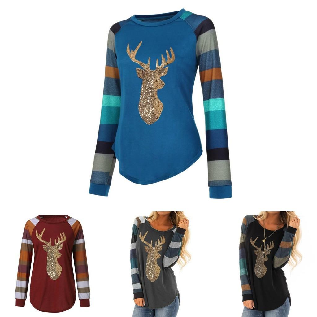 Festive Womens Christmas Tops With Sparkling Sequin Reindeer Long Sleeve Design
