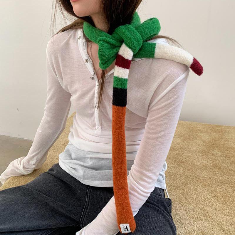 Gestreifter Farbpassender Retro Gestrickter Wollschal Schmaler Langer Schal für Damen Frühling