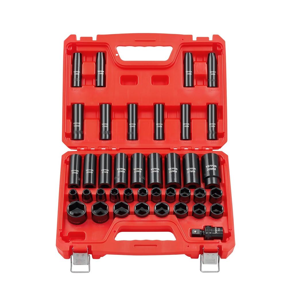 1/2 In Drive Impact Socket Set, 39 Piece, 6 Point Deep & Shallow Impact Sockets, Metric 9 To 30 Mm, Cr-V Steel High Durability, with Universal Joint,