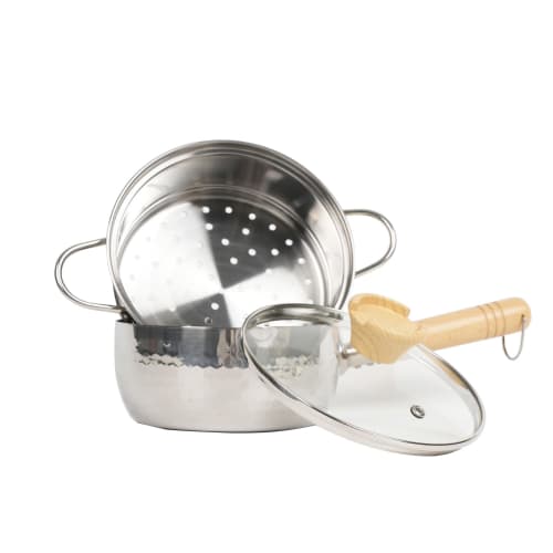 20cm Yukihira Pot with Steamer, Stainless Steel, Gas/IH Compatible, Single-Handed Pot, Easy to Use, Pouring Spout, Wooden Handle, Hammered Texture, Yu