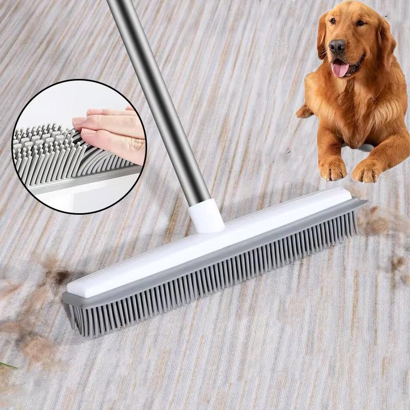2 In 1Rubber Broom Carpet Rake With Squeegee Long Handle For Pet Hair Fur Remover Broom Fluff Carpet Hardwood Floor No Scratch