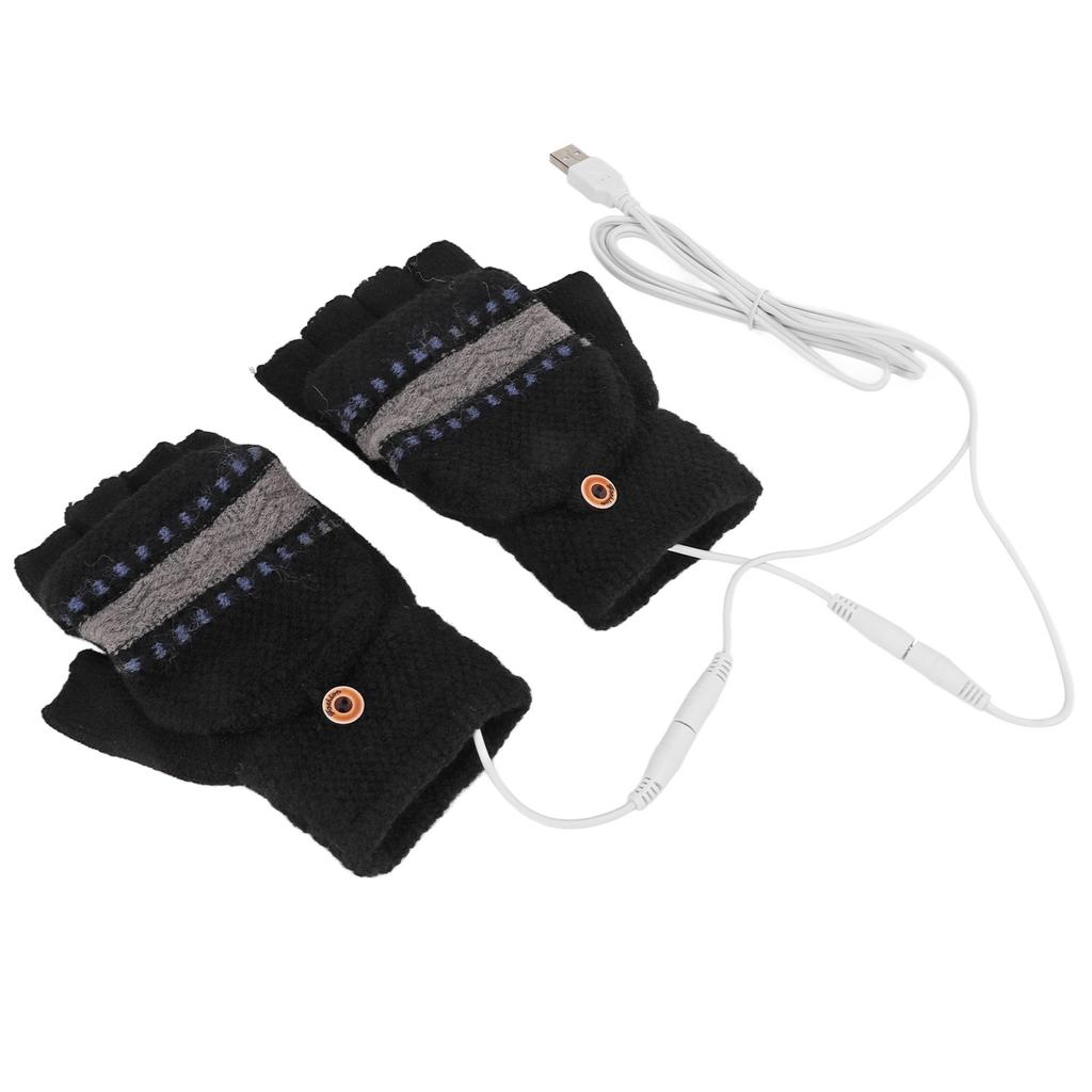1Pair USB Heated Gloves Knitting Fingerless Hand Warmers Electric Warming Gloves for Men Typing Sports OutdoorBlack