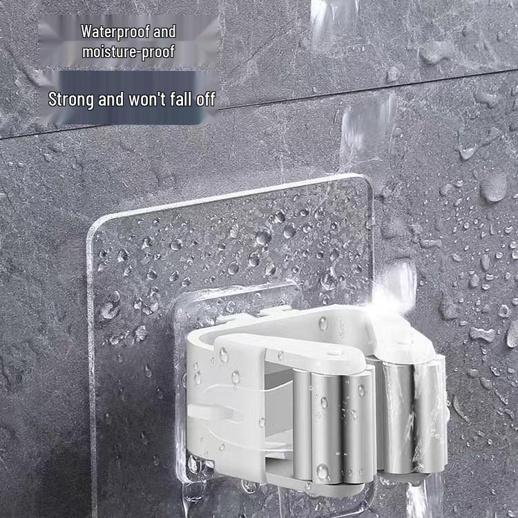 Wall-Mounted Mop and Broom Clip Holder, Traceless, Hole-Free, Multi-Purpose Storage Bracket for Bathroom and Toilet