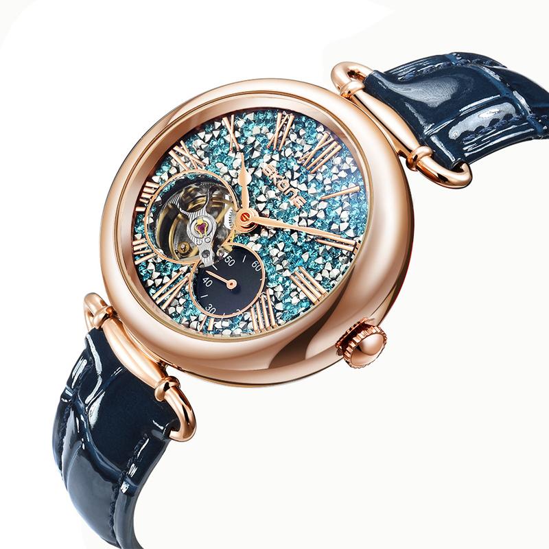 Luxury Automatic Mechanical Watch For Ladies Waterproof Blue Leather Strap Ladies Wristwatch Women Female