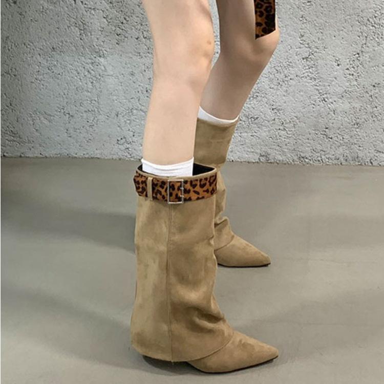 French two-wear boots women's pointed boots 2025 autumn and winter new slope heel boots but knee mid-tube pants tube boots