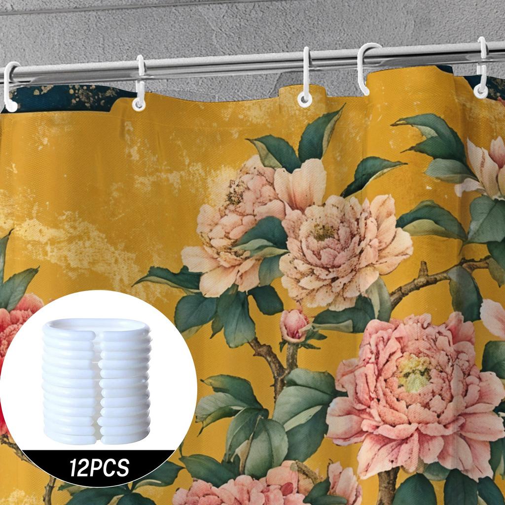 Waterproof Shower Curtain with Elegant Peony Flowers and Birds On a Vibrant Yellow Background for a Luxurious Bathroom Decor
