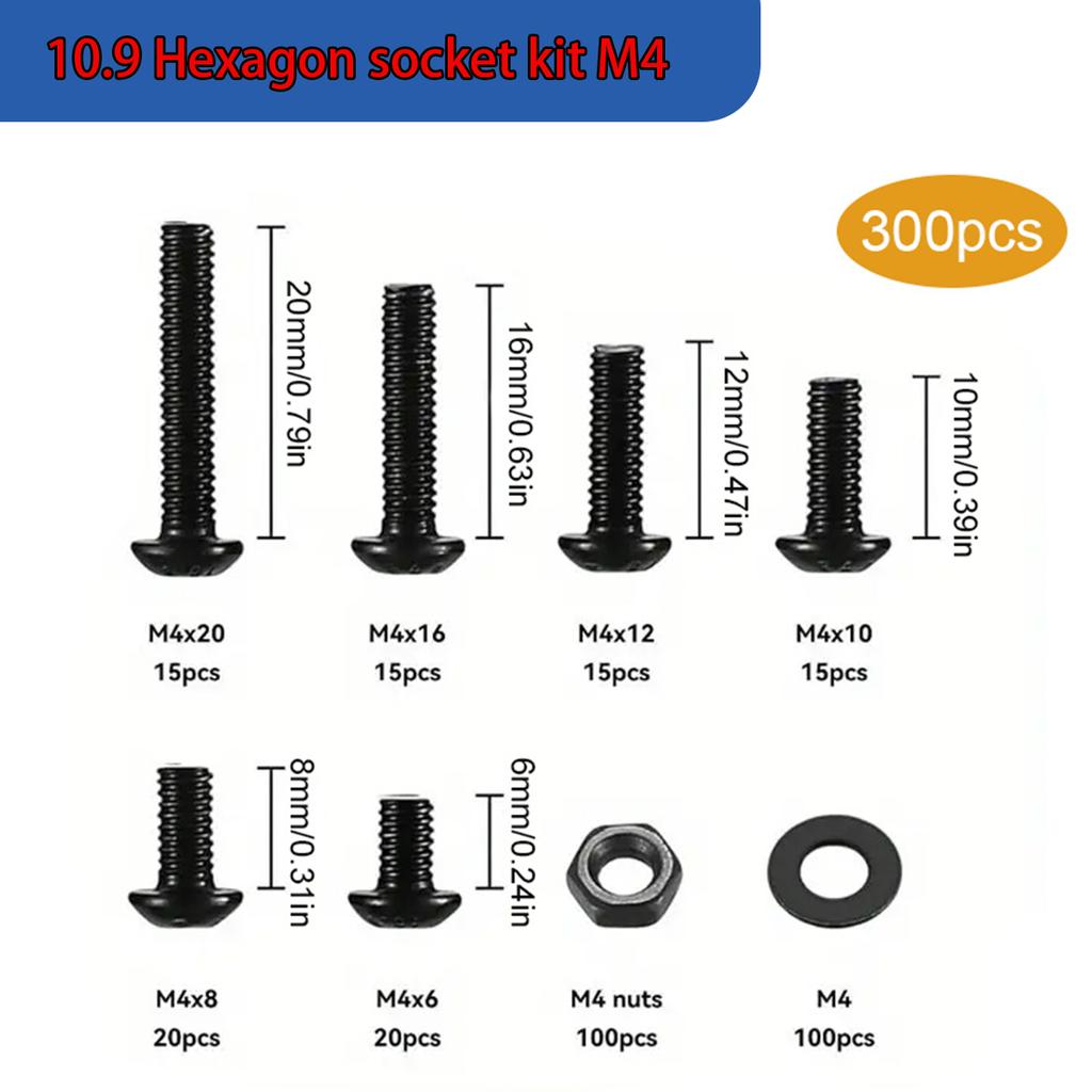 300pcs M4 Black Hex Pan Head Screws and Nuts Set, Black Round Cup High Strength Screws