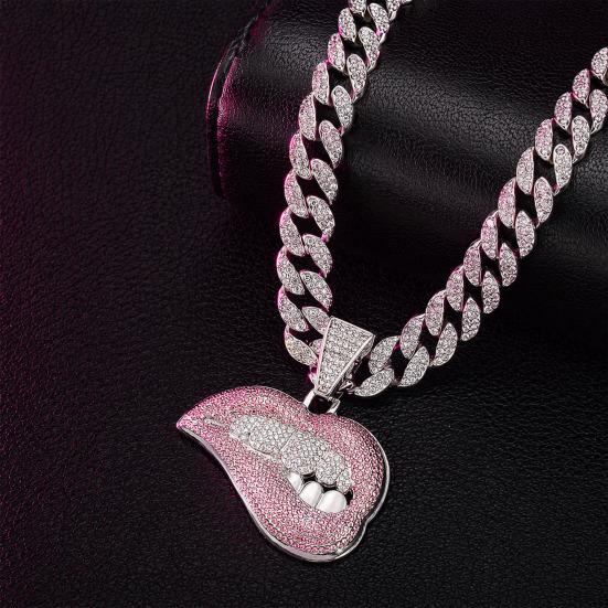 Hip Hop Cuban Link Chain Necklace, Crooked Lip Pendant with Rhinestone, Silver Plated Iced Out Choker Jewelry for Men and Women, Trendy Streetwear