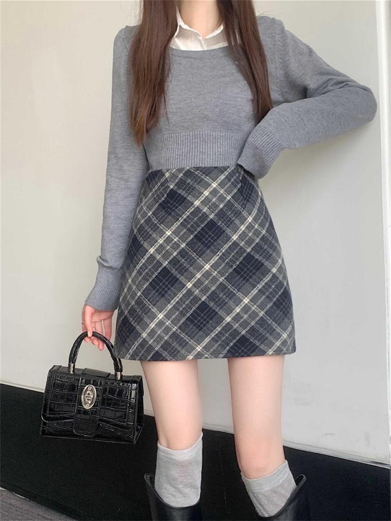 Women's Plus Size Collegiate Style Wool Plaid Mini Skirt In Coffee, Autumn/Winter