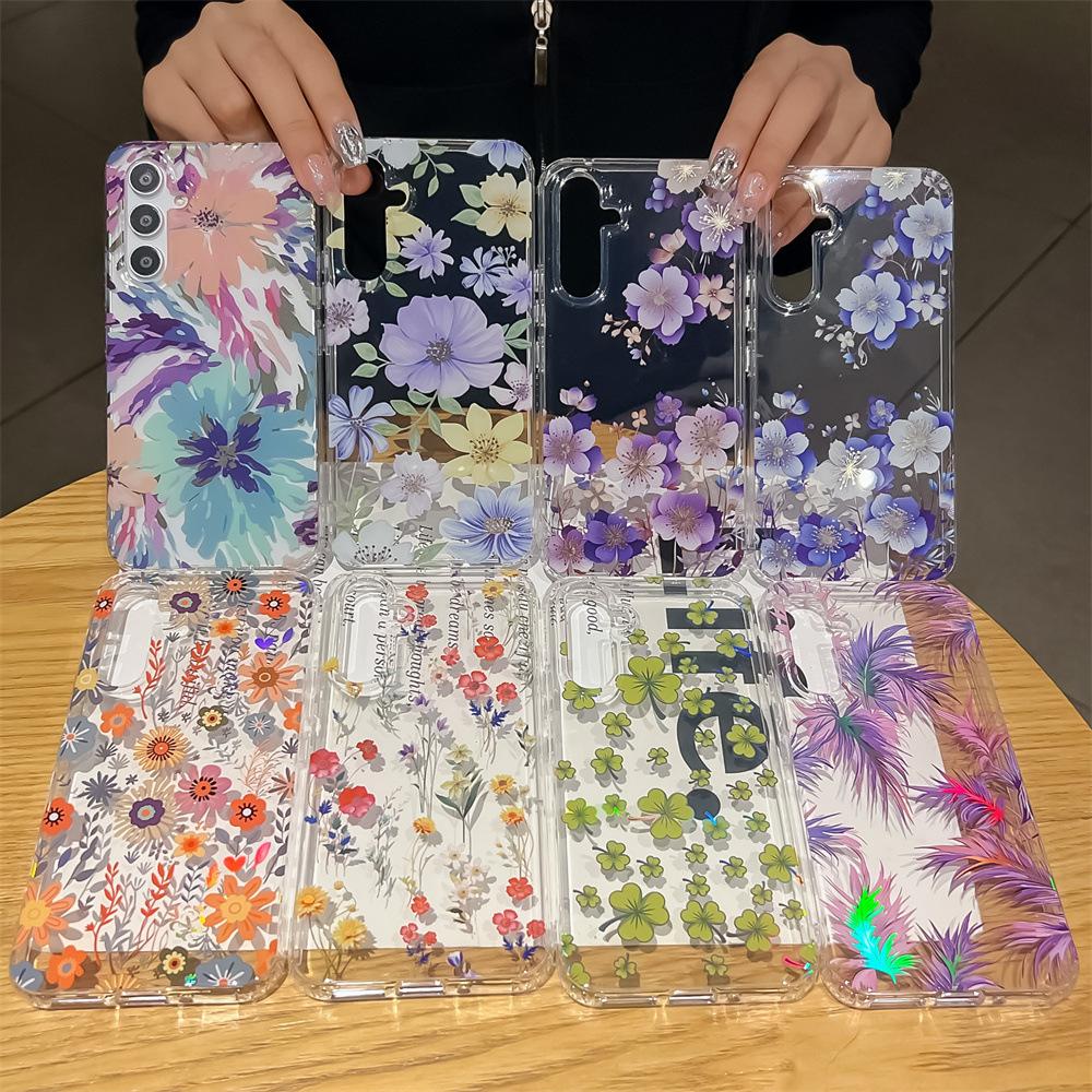 Suitable for Samsung S24 Ultra Mobile Phone Case S23 Laser Flower A55/A15 Electroplated Imd Double Sided Coating Cover