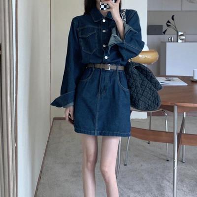 Vestido jeans azul feminino primavera verão manga comprida cintura vestido jeans fino