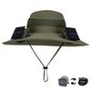 Outdoor Wide Brim Sun Hat with Solar/Charging Fan Outdoor Drawstring Fishing Hat Waterproof for Outdoor Riding Hiking Fishing