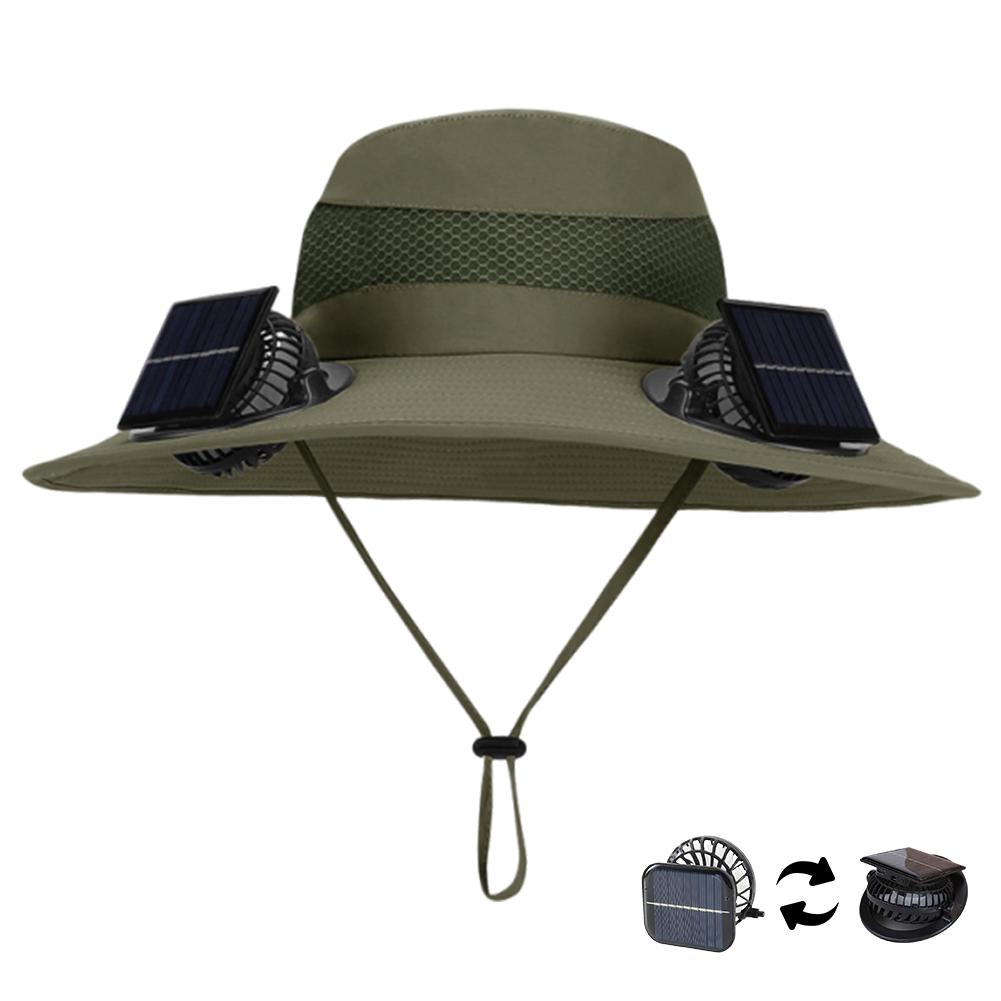 Outdoor Wide Brim Sun Hat with Solar/Charging Fan Outdoor Drawstring Fishing Hat Waterproof for Outdoor Riding Hiking Fishing