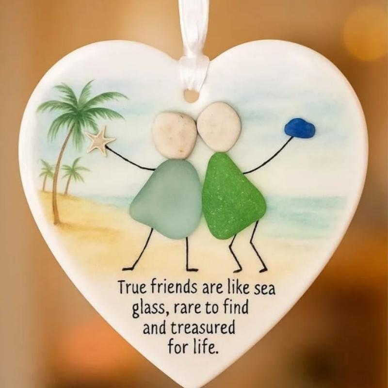 1pc True Friendship Sea Glass Ornament,Shine Like Heart Shaped Sea Glass Friendship Keepsake for Christmas Tree Hanging Ornament