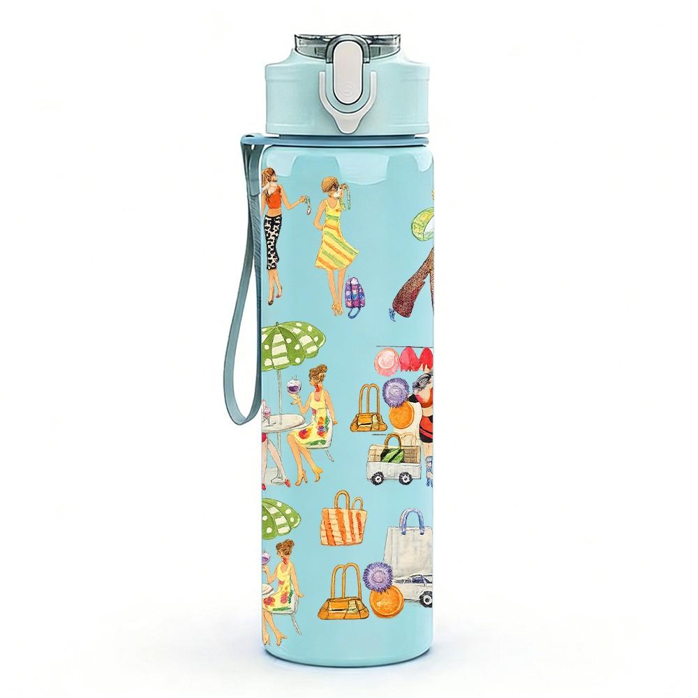1PC Retro Folk Art Character Parade Print 750ml Color Plastic Sports Water Bottle Leakproof Flip Straw Lid Suitable for Sports Office Home Use