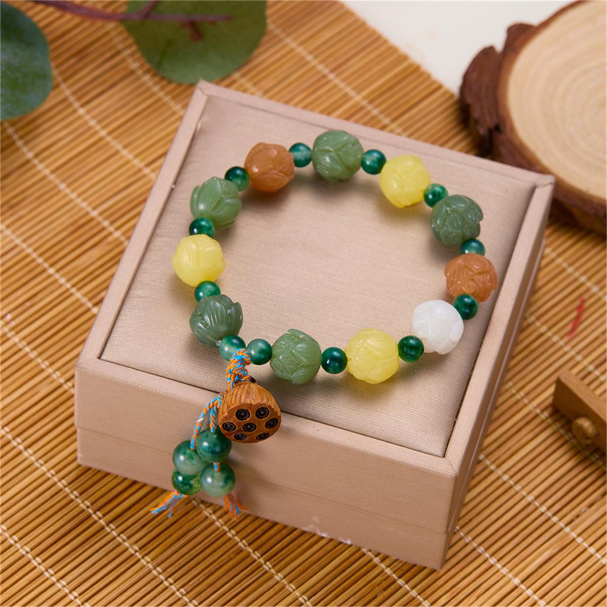 Fashion Chinese Style Wooden Bodhi Lotus Flower Beaded Bracelets For Women Handmade Ethnic Resin Beads Bracelet Buddhist Jewelry