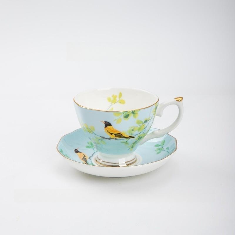 Luxury Gold Rim Bone China Tea Cup and Saucers, Elegant Floral Butterfly Coffee Mug Tableware Set, Bird on Branches Bone China Coffee Cup for Home