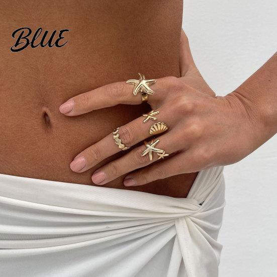 Adjustable Finger Ring 4Pcs Ocean Style Set Open Rings Gold
