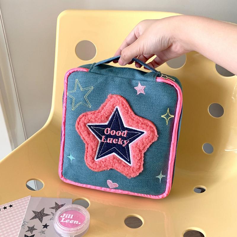 Denim Fabric Portable Cosmetic Bag with Zipper Large Capacity Travel Storage Toiletry Bag for Girls Creative Makeup Supplies New