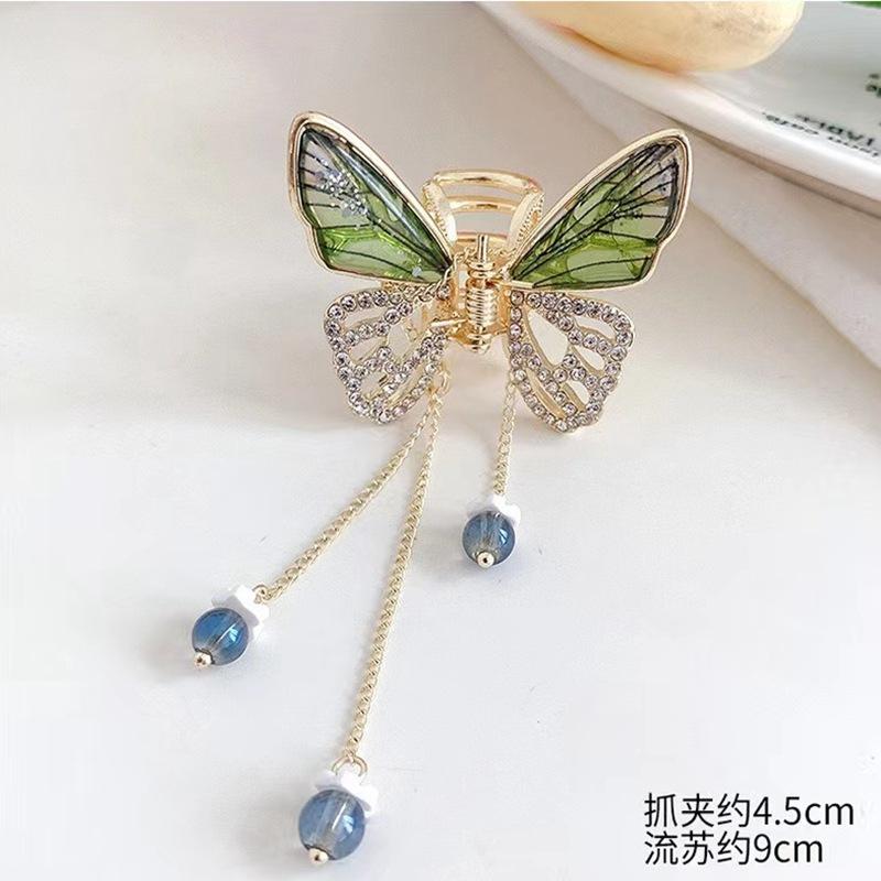 Summer Pearl Rhinestone Metal Butterfly Tassel Grab Clip Back of Head Ponytail Hairpin Women's Headdress Clip Hairpin Claw Clip