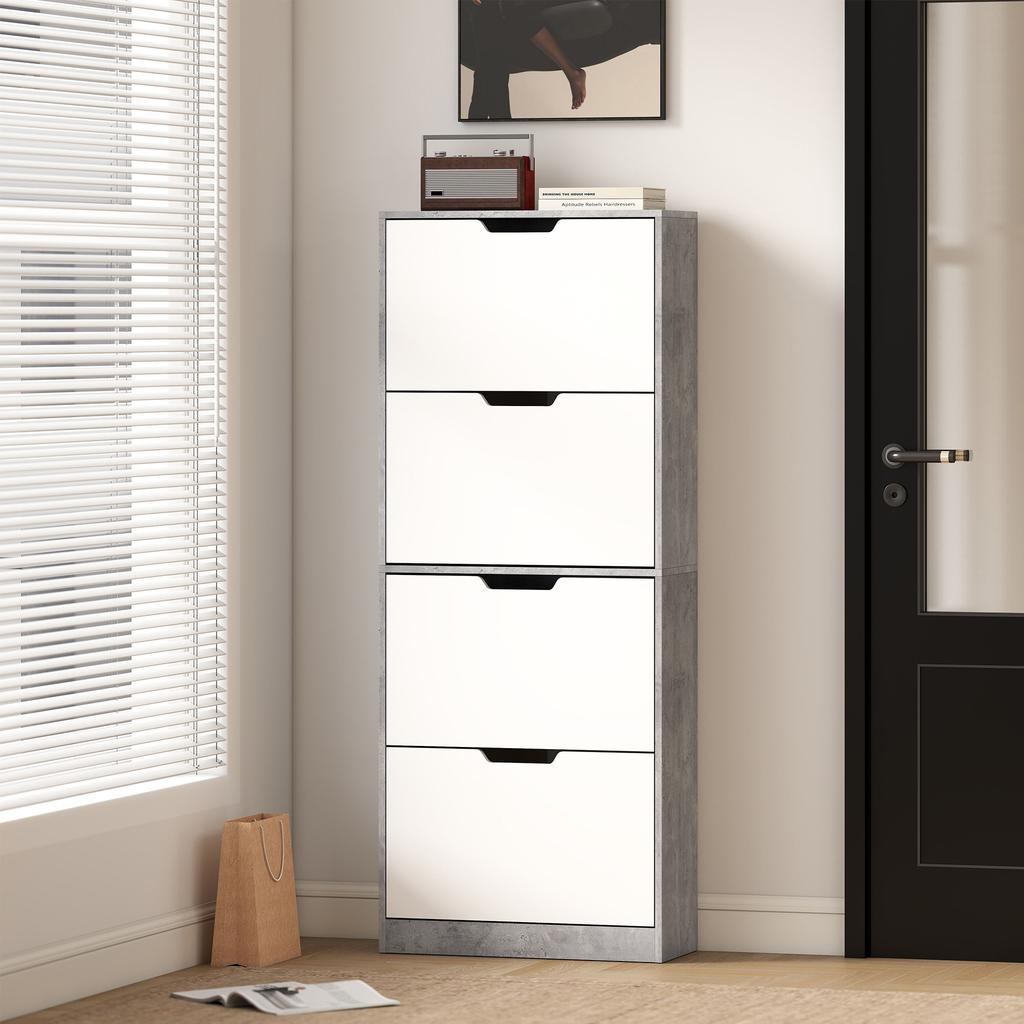 Modern Space-Saving Shoe Cabinet with 4 Doors for 16 Pairs of Shoes, 62.5x26x156 cm, Concrete Grey