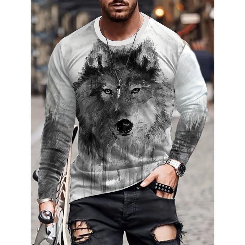 2025 Novo Top Masculino com Estampa de Lobo Outono e Inverno Casual Diário Camiseta Masculina de Manga Comprida Moda de Rua Top Masculino de Manga Comprida