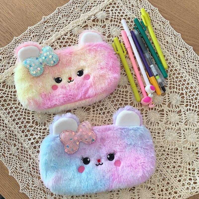 Colorful Pencil Case Plush Pencil Cases For Girls Trousse Cute Bow Kalemlik School Supplies Pencil Pouch