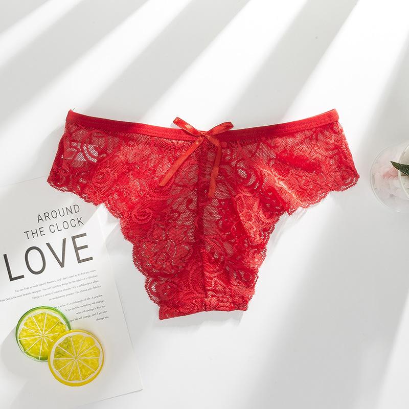 Ladies Spring and Summer Sexy Lace Bow Naked Feeling Pure Cotton Crotch Low Waist Triangle Briefs
