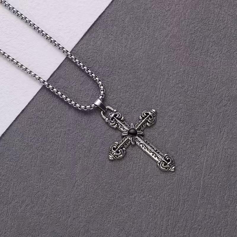 European-American Trendy Cross Necklace: Titanium Steel Hip Hop Pendant, Unisex Sweater Chain for Students.