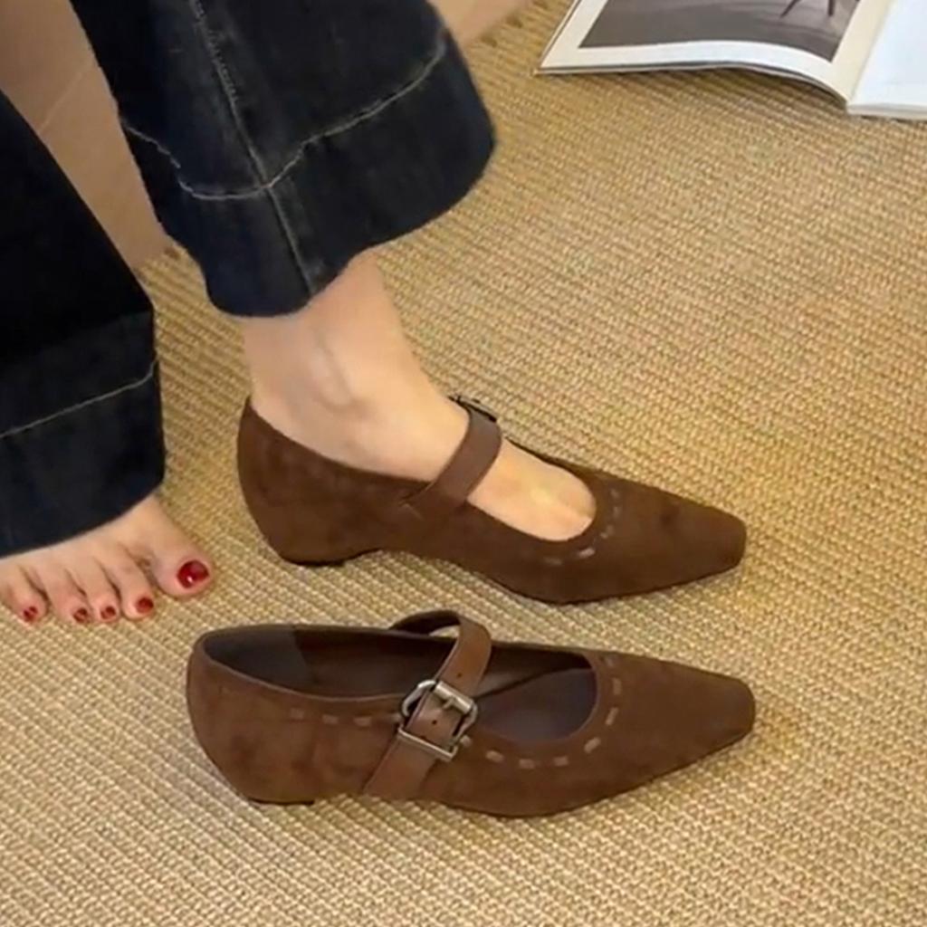 Retro black one-word belt inner height increase niche Mary Jane shoes square head suede small single shoes