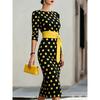 Robe Mi-longue Moulante à Pois pour Femme Manches 3/4 Col Bateau Robe Crayon avec Ceinture Blanche Élégante Robe de Soirée Bureau