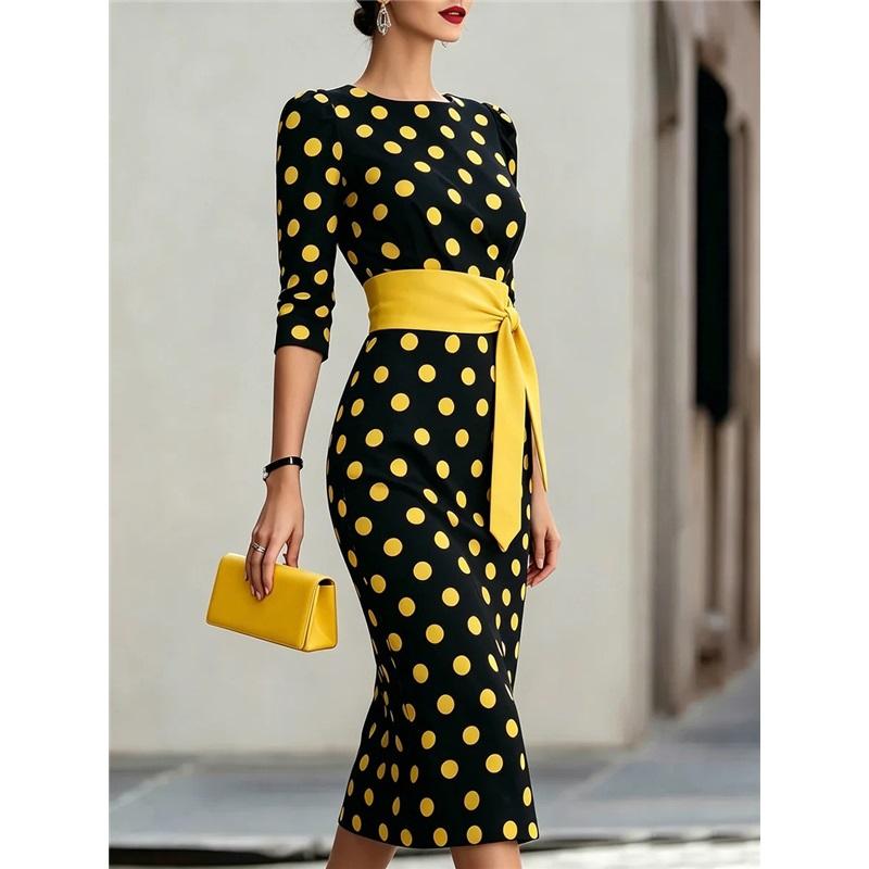 Robe Mi-longue Moulante à Pois pour Femme Manches 3/4 Col Bateau Robe Crayon avec Ceinture Blanche Élégante Robe de Soirée Bureau