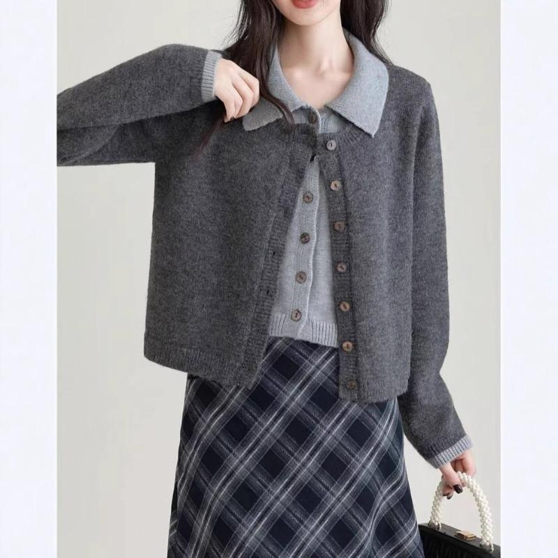 Fake two-piece college-style knitted cardigan women's autumn and winter temperament age-reducing retro versatile sweater jacket women