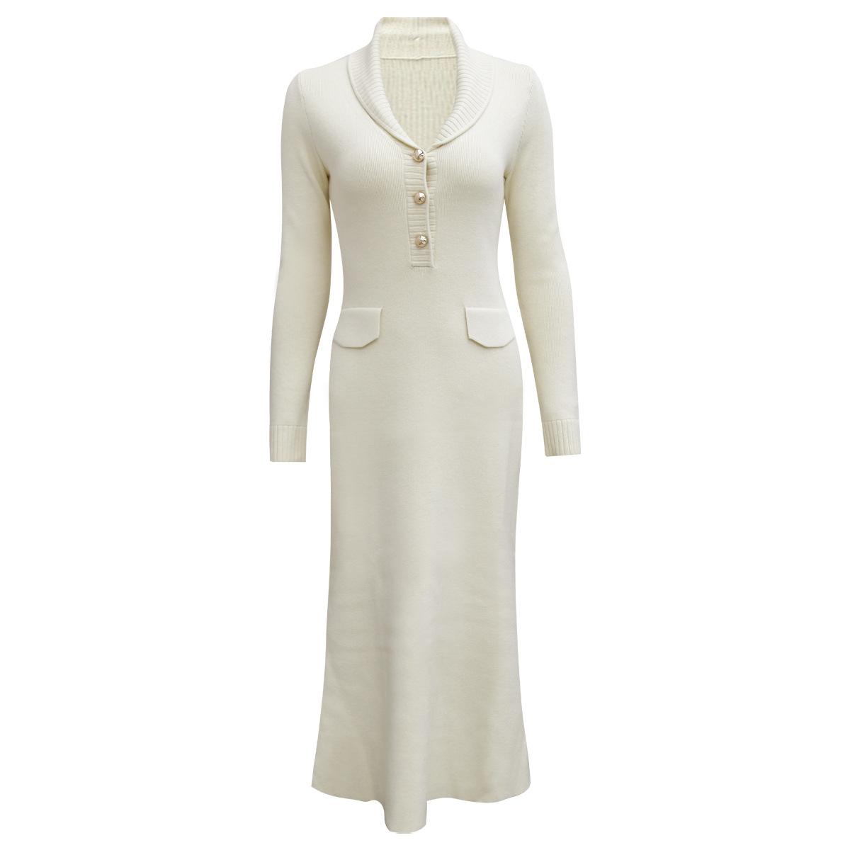 Women Modal Stretch Knit Dress – Slim Fit V‑Neck Long Dress with Gold Buttons and Mermaid Hem S бежевый