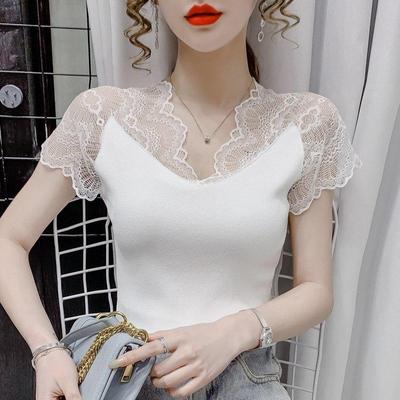 Women Summer Lace Shouler Knitted T-shirt Tee Top V-Neck Short Sleeve Ice Silk Bottoming Shirt Solid Color Short White