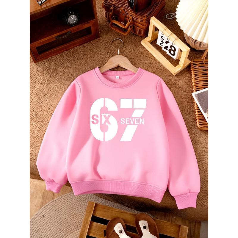 Kids Unisex Crewneck Sweatshirt, Minimalist Block Split 67 SIX SEVEN White Print Long Sleeve Pullover, Soft Fleece Sweatshirts for Boys Girls Ages 4+