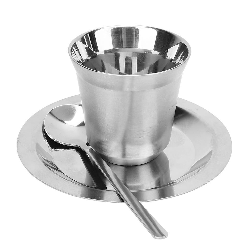 Coffee Cup Set with Saucer Spoon 80ml Double Wall Insulated 304 Stainless Steel Demitasse Cup for Te