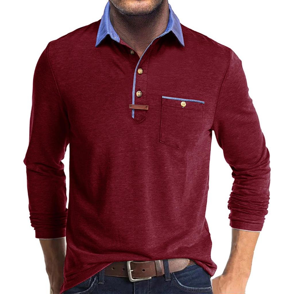 Herren Frühlings- und Farb-T-Shirt mit Kragen 3 Knöpfe Offene Knopfleiste Knöpfe Langärmliges Oberteil