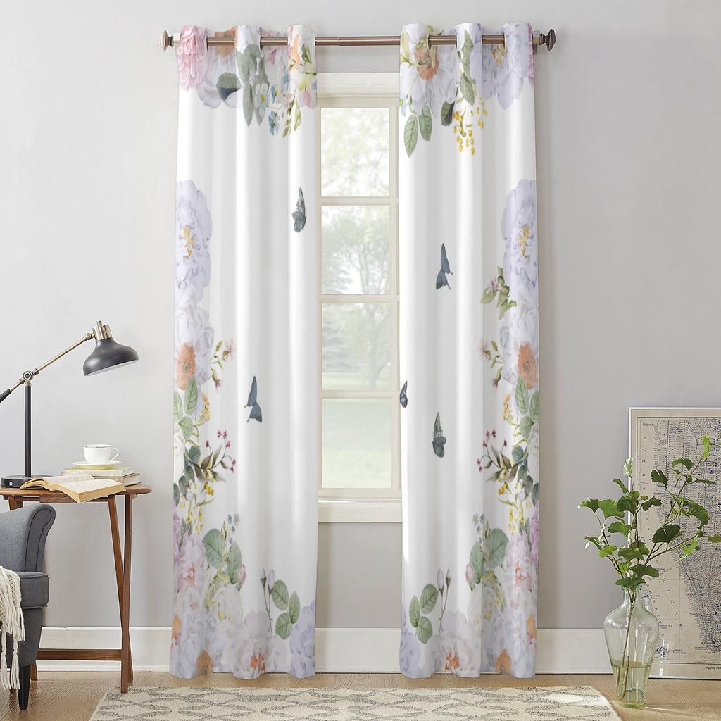 Watercolor Flower Butterfly Window Curtains for Living Room Bedroom Curtain Modern Kitchen Blinds Drapes Curtains