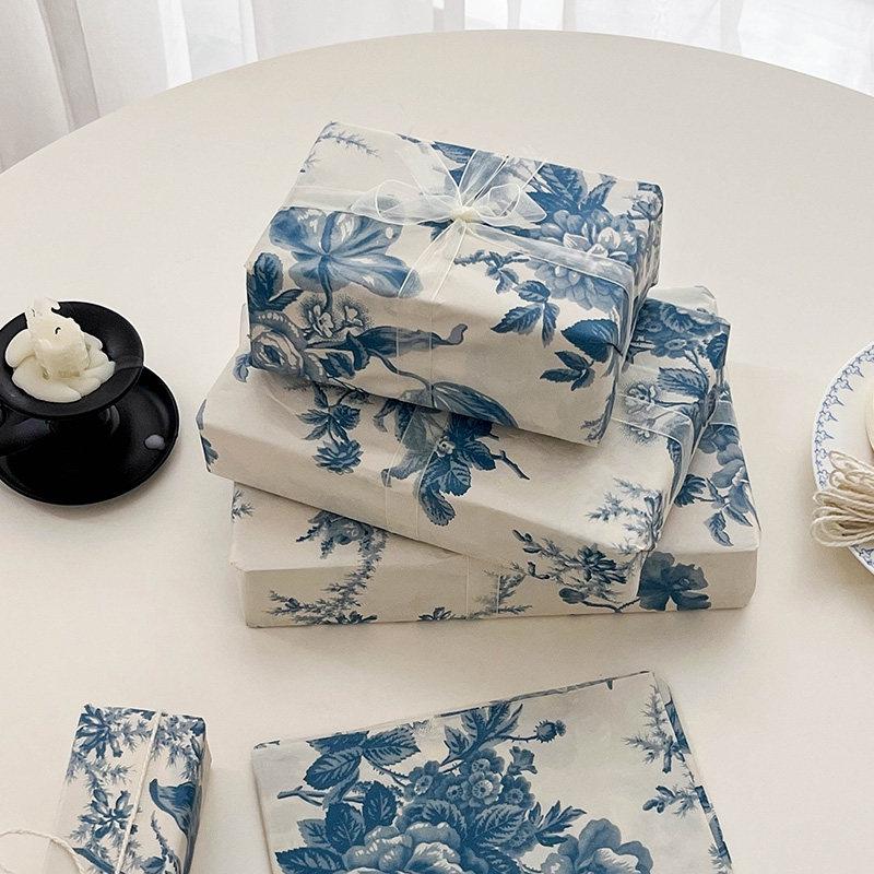 10Pcs Wrapping Paper For Flower Bouquet Present Packaging Latest Chinese Style Peony Blue Floral Arrangements Gifts Packaging Paper