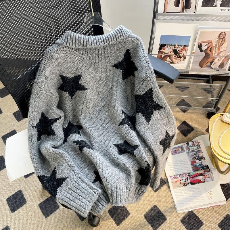 Letter Star Jacquard Women's Sweater Half Zip Knit Pullover Solid Color Sweaters Autumn Fashion Woman Loose Casual Outwear Top