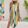 Women Plus Size U Neck Sleeveless Dark Blue Printed Midi Dress High Side Slit Curved Hem