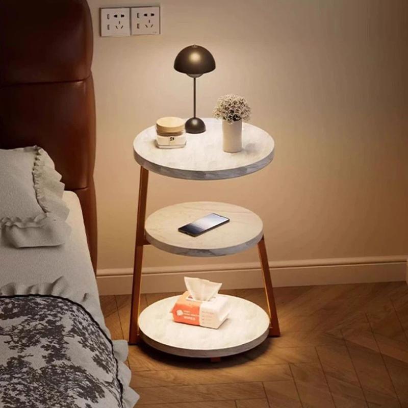 Bedside Cabinet for Home Use, Small Antique Creative Small Round Table Three Story Bedroom Bedside Storage Rack